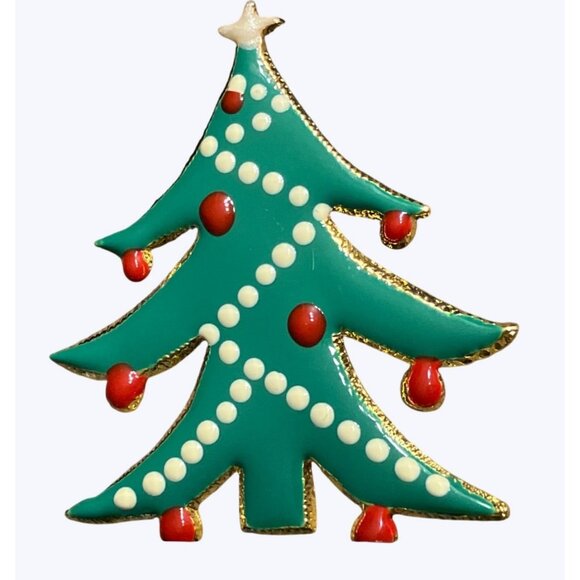 Vintage Christmas Tree Enamel Brooch Pin With Red & White Accents - Picture 7 of 8